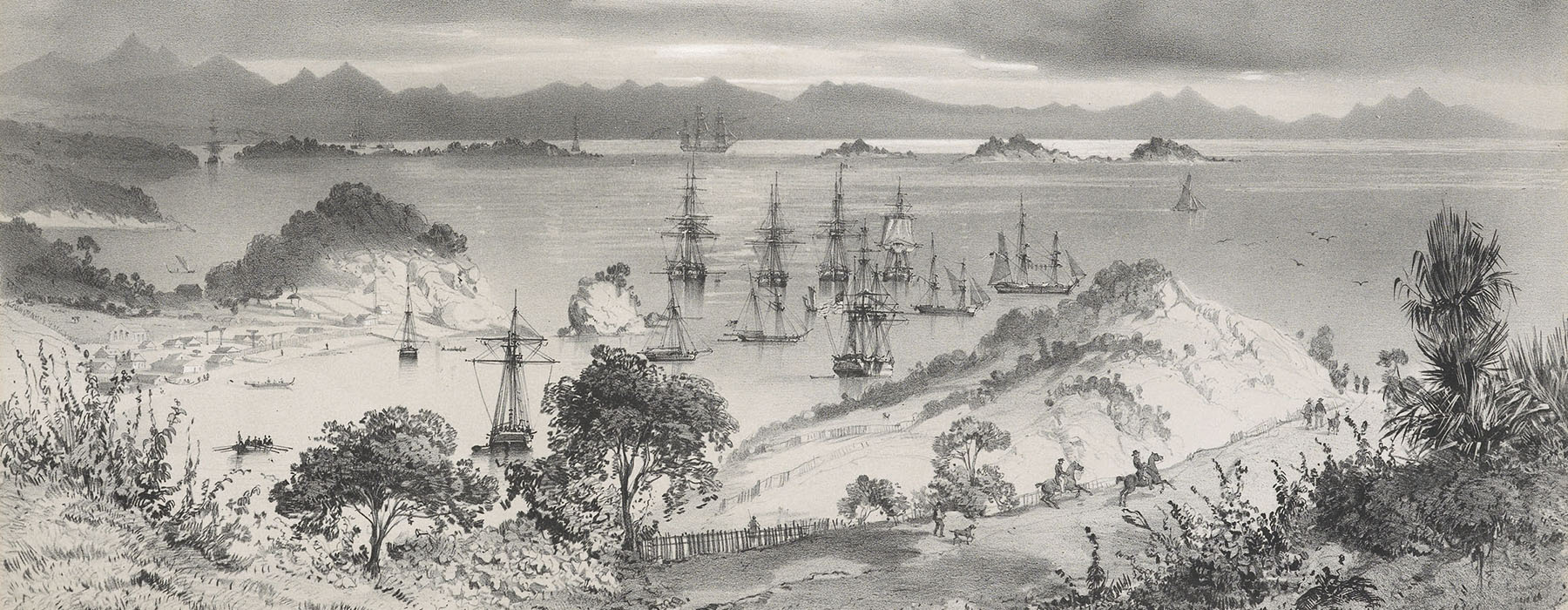 View of a bay, featuring a number of tall ships in the harbour