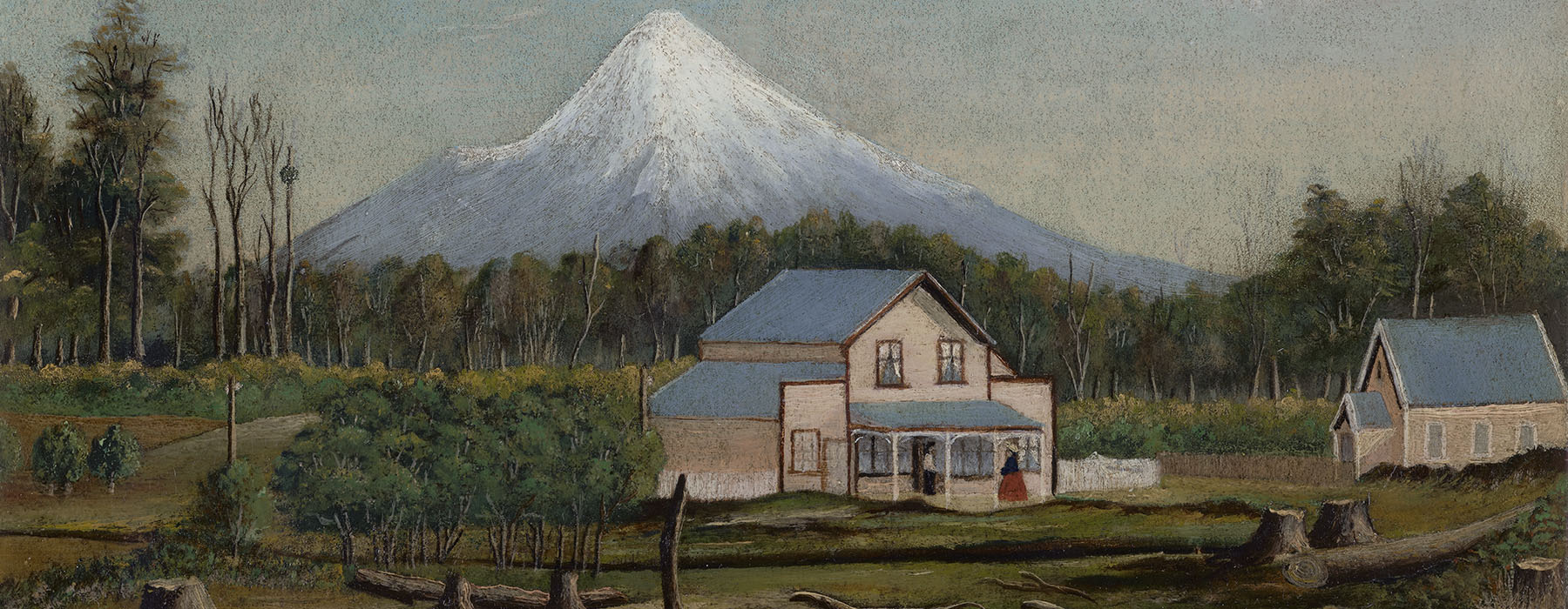 Painting of cleared land with a small house and church; behind, Mt Taranaki looms large over the land