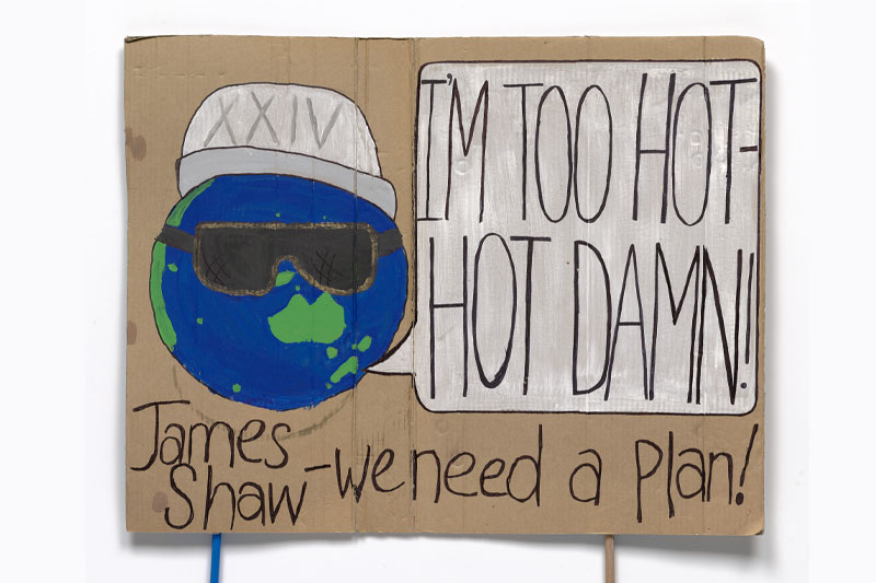 Handmade cardboard sign featuring a picture of the Earth, wearing sunglasses and a cap. Earth is saying “I’m too hot – hot damn!” Underneath is written “James Shaw – we need a plan!”