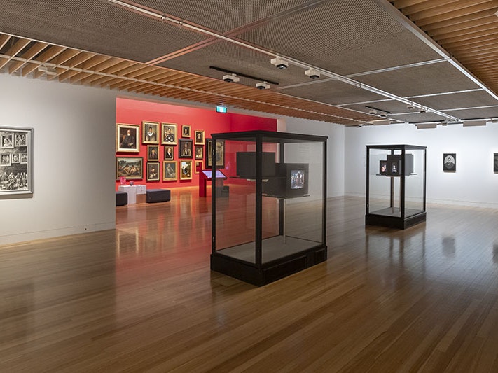 Exhibition view of New Histories, 2021. Photo by Maarten Holl. Te Papa (195818) View of the exhibition ‘New Histories’, showing two display cases containing TV sets in them