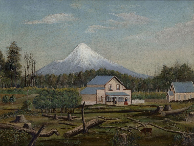 Messenger Sisters, Landscape with settlers, about 1857, oil on board. Purchased 1999 with New Zealand Lottery Grants Board funds. Te Papa (1999-0003-1) View of two buildings, a homestead and a church, surrounded by felled trees. Behind them a dense forest, and behind that forest stands Mt Taranaki, dominating the distant view