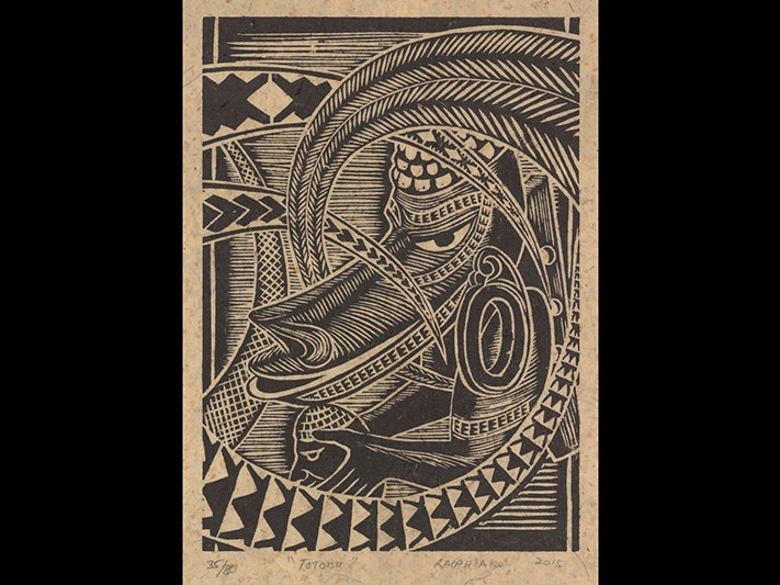 Toto Isu, by Ralph Ako; 2015; Solomon Islands. Purchased 2016. Te Papa (FE013254) A wood print of a stylised dog face.