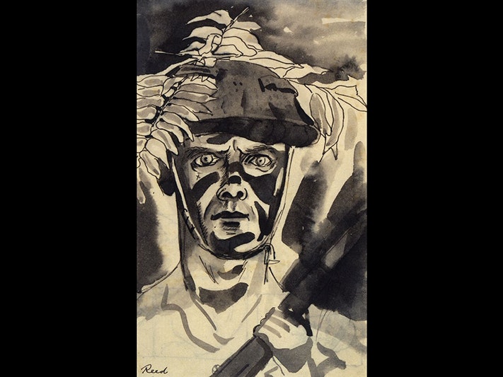 Sniper, Solomon Islands, by William James Reed; circa 1946. Purchased 1992 with New Zealand Lottery Grants Board funds. Te Papa (1992-0013-2) A black and clay-coloured painting of the head and shoulders of a soldier holding a gun.