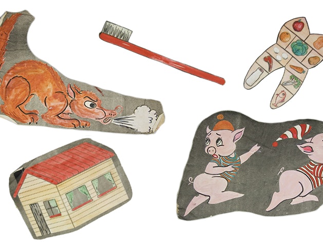 Educational display (dental health), by Valerie Dyer; maker/artist; 1970s. Gift of Valerie Dyer, 2012. Te Papa (GH022145/1-29) Five hand-drawn images on a white background.