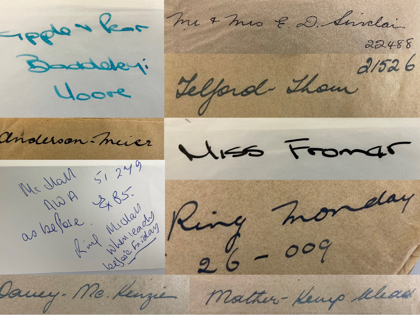 Selection of inscriptions on job bags. Composite image by Te Papa. several wax-paper envelopes with handwriting on them are arranged in a group