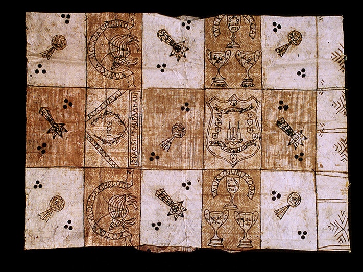 Ngatu (tapa cloth), Unknown; maker/artist; about 1932; Tonga. Gift of Valerie Morris, 1989. Te Papa (FE008724) A brown and cream tapa cloth with patterns painted on it.