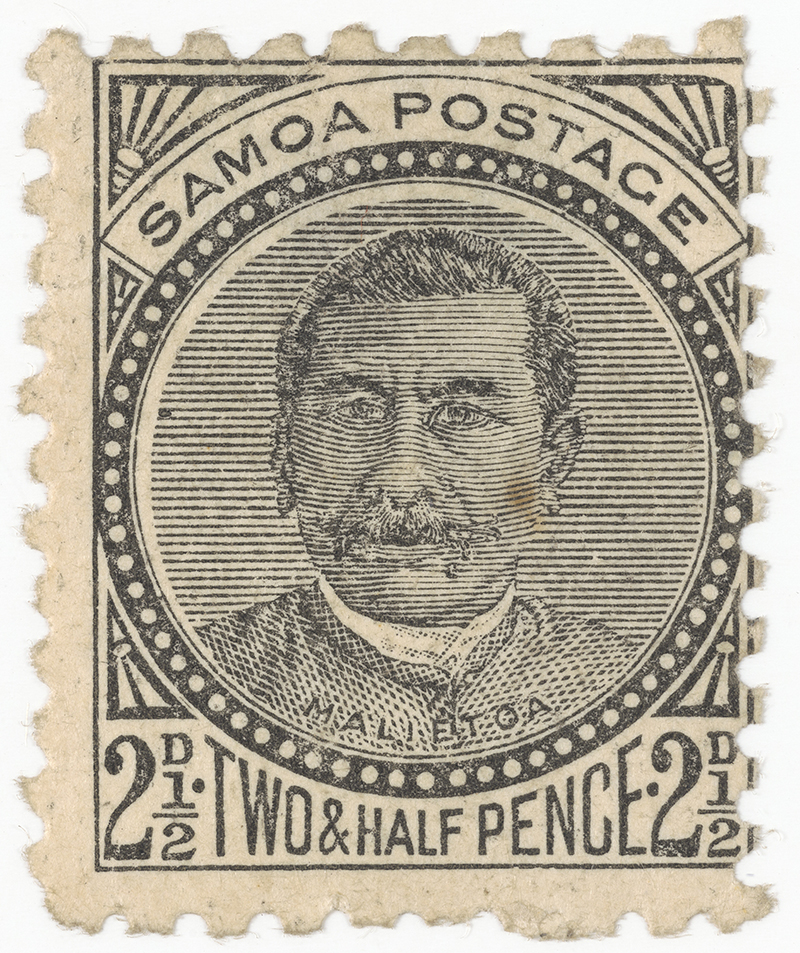 A stamp that is the colour of old faded paper with an image of a person's head and the words "Sāmoa postage" along the top, and "2 1/2 D, Two & Half Pence" along the bottom.
