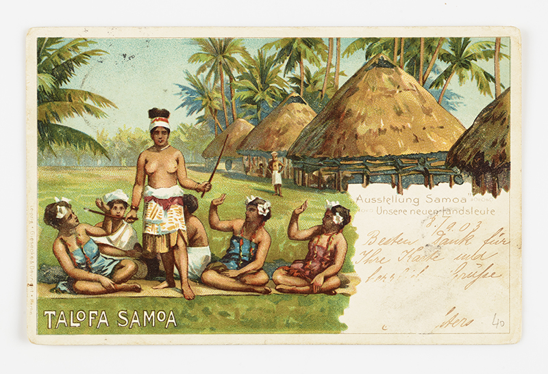 A postcard with a painted scene of Sāmoan women sitting in a half circle around one standing woman who is topless.