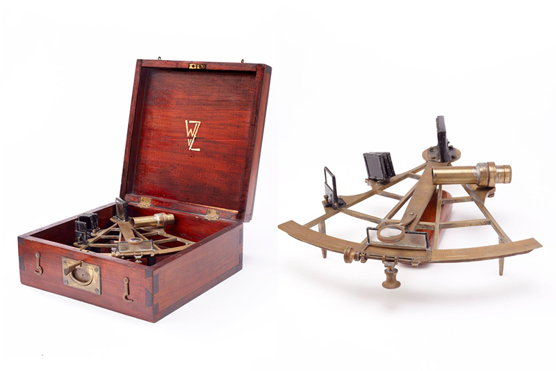A split photo of a brass sextant in a box and the same sextant out of the box.