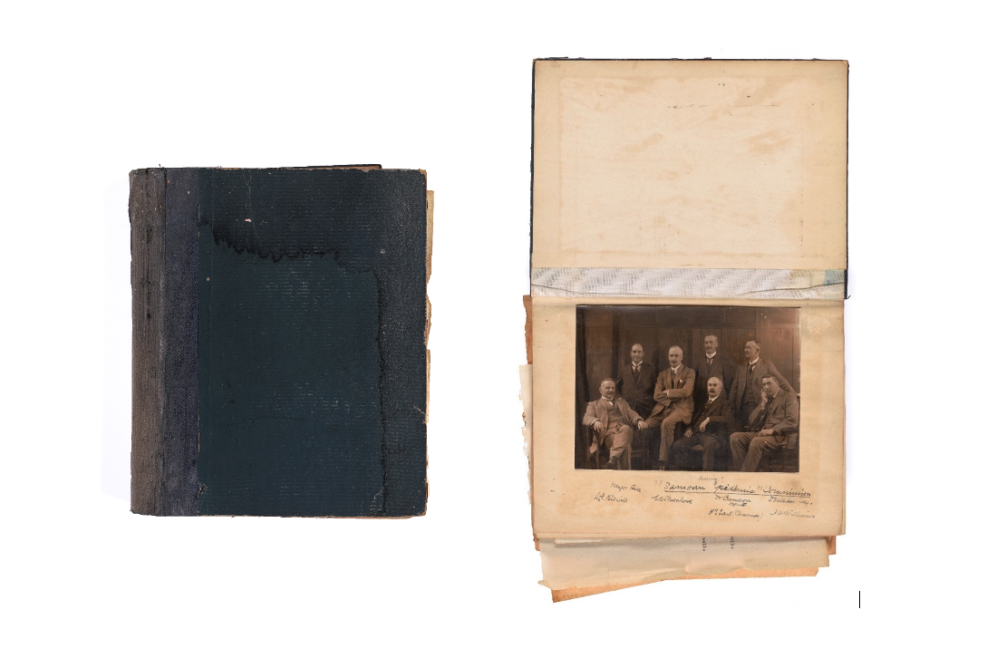A split photo of a black leather-bound book photo album and the same album open to a page with a photo of 6 white men in suits.