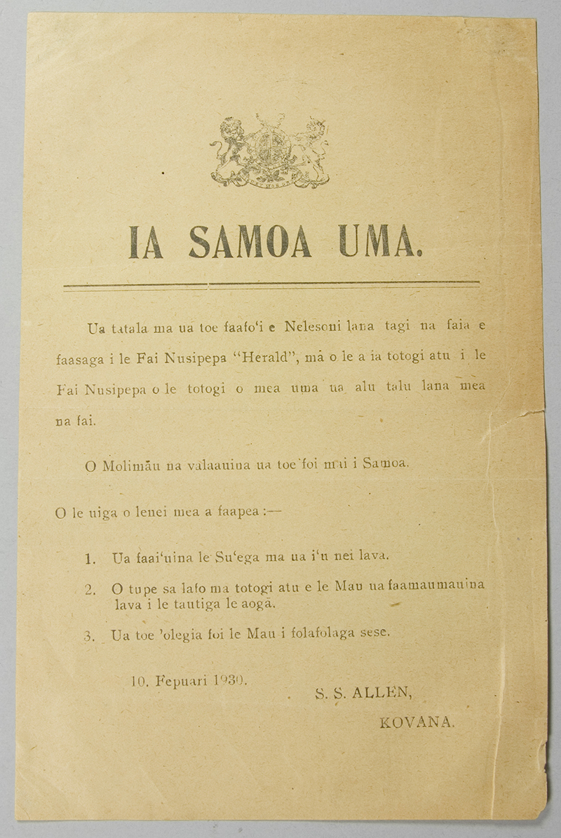 An old printed leaflet with a message in Sāmoan typed out on it.