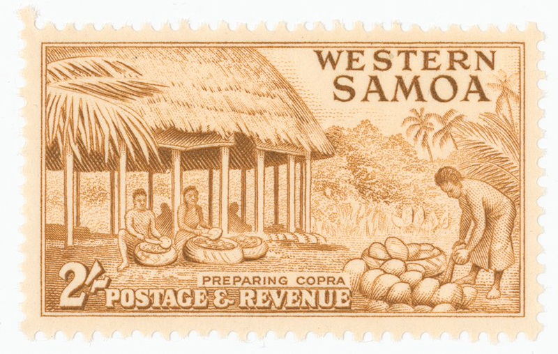 A sepia coloured stamp with a Sāmoan fale and people working with coconuts.