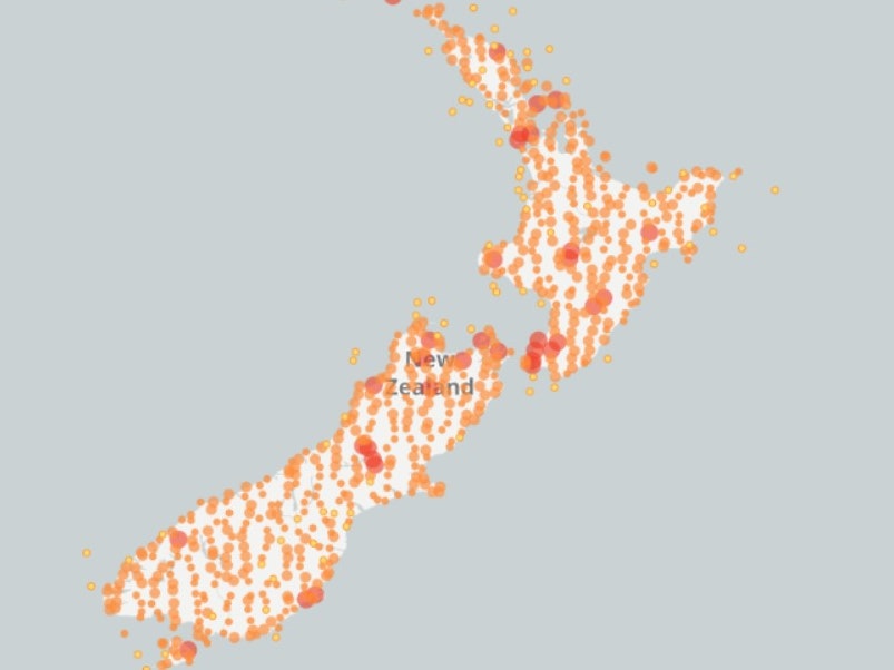 GBIF map of New Zealand Te Papa specimens mapped onto New Zealand.