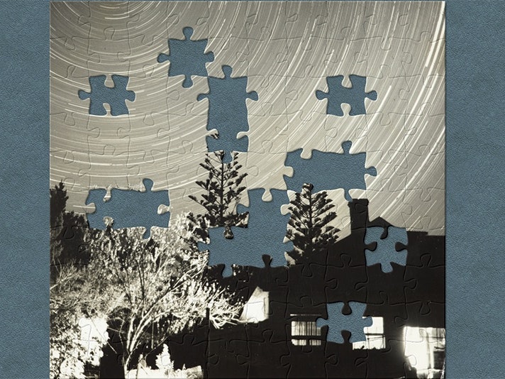 Star Trails, Northland, 1950s, Waimamaku, by Eric Lee-Johnson. Purchased 1997 with New Zealand Lottery Grants Board funds. © Te Papa. CC BY-NC-ND 4.0. Te Papa (O.008205) An image of a photograph that has jigsaw piece shapes cut out of it.
