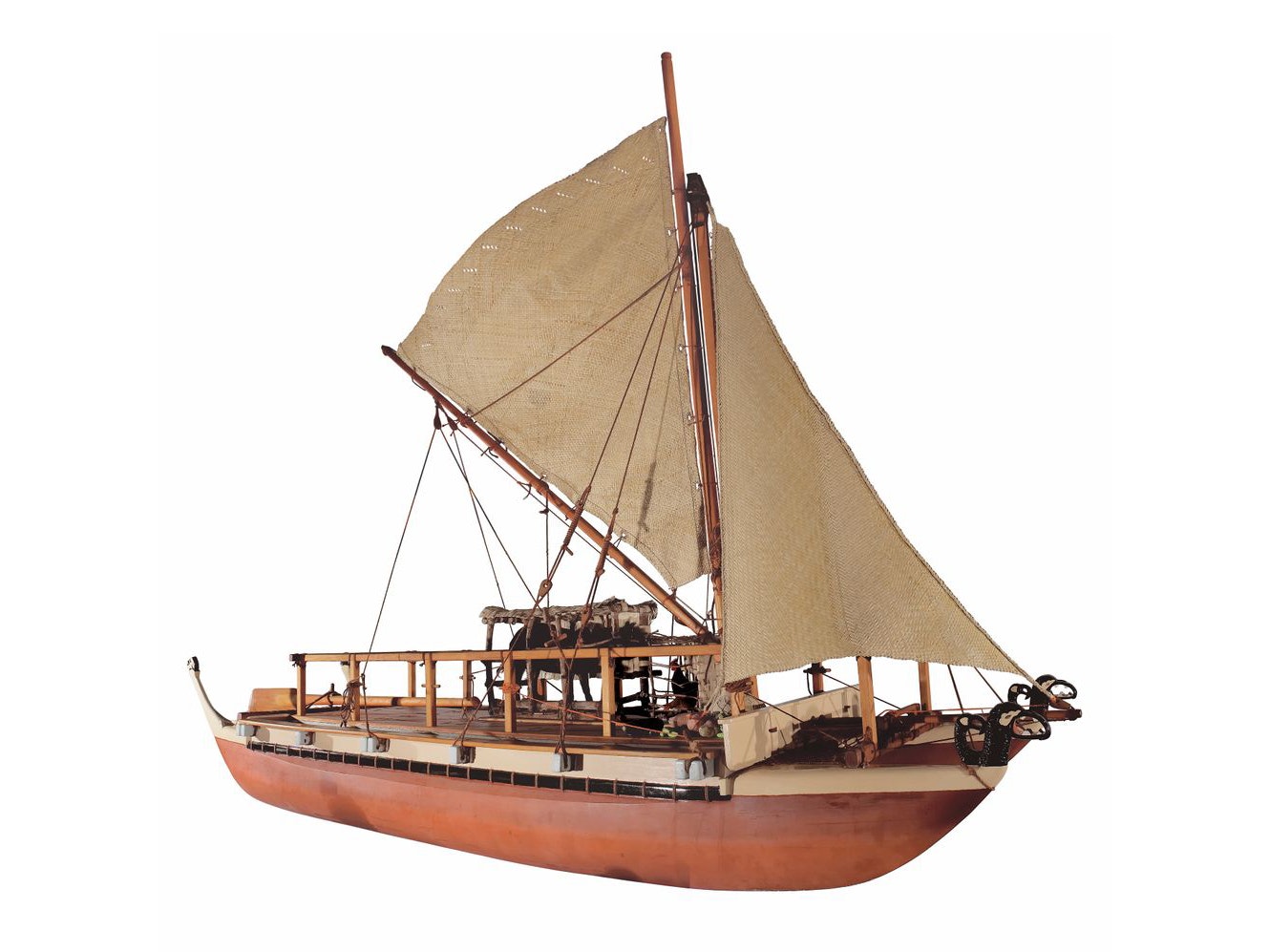 Waka hourua 'Te Aurere Iti' (model voyaging canoe), by Sir Hector Busby; carver; 1996-1997; Northland. Purchased 1997 with New Zealand Lottery Grants Board funds. Te Papa (ME016510) A model double-hulled canoe with a woven sail.