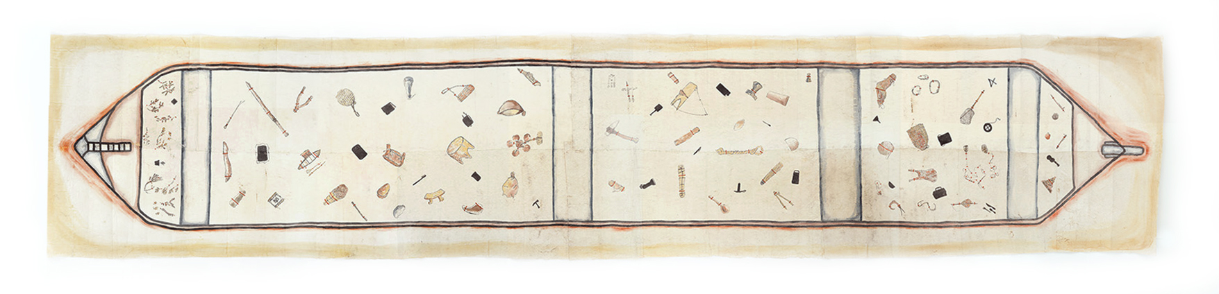 A long tapa cloth with a lot of symbols on it.