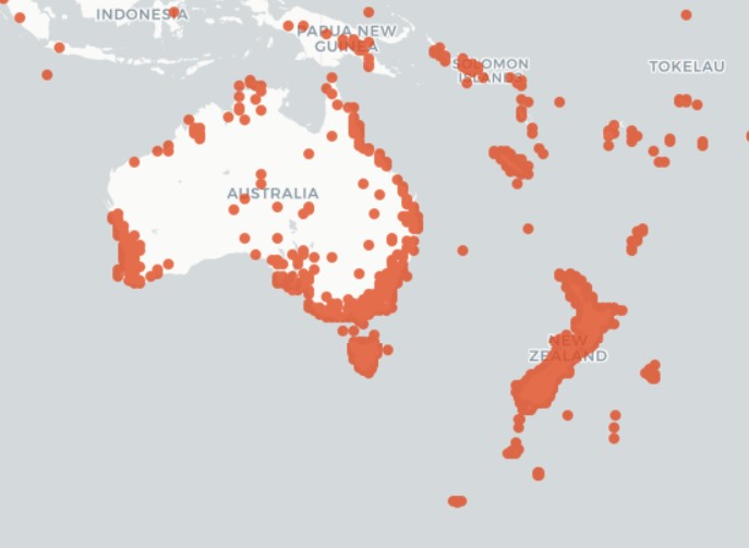 Te Papa specimen data mapped by the Atlas of Living Australia