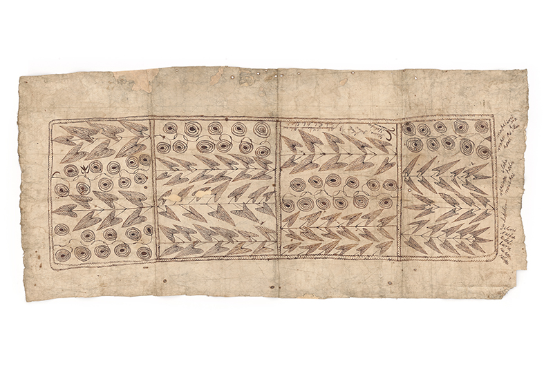 A piece of barkcloth with patterns drawn on it in a box.