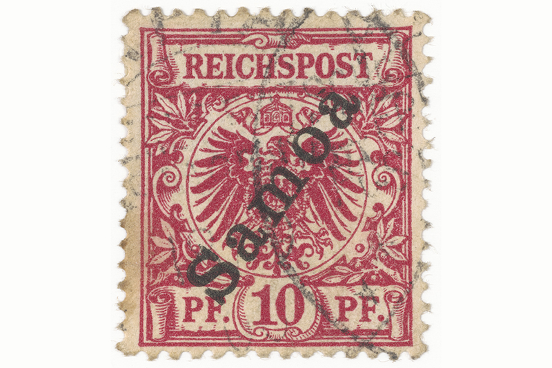 A stamp with red printing on it that says "Reichspost. PF 10 PF and the word Sāmoa in black printed across it.