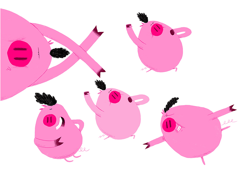 Five cartoon pigs in different poses on a white background.