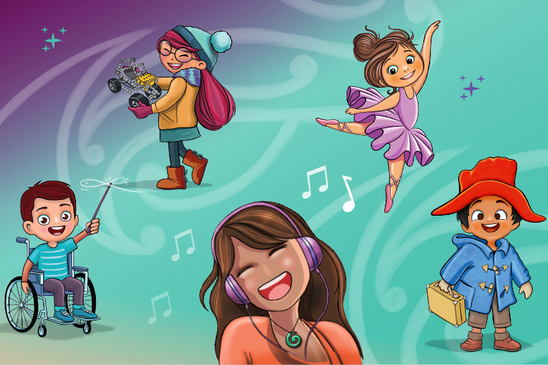 Illustration of five children doing different activities and looking happy