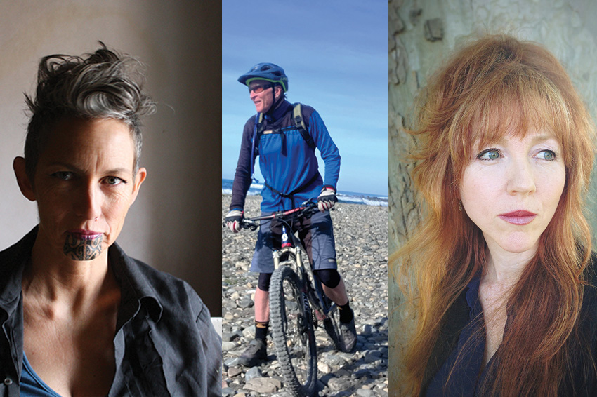 A split photo of three people. Two are close-ups of women and in the middle is a man on a pushbike on a beach