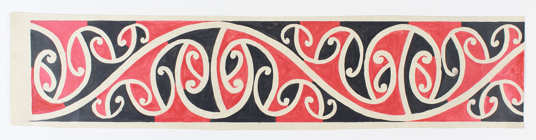 One panel of Māori koru designs in red, black, and white.