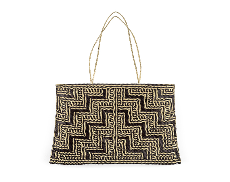 A woven bag or kete with two handles. There is the poutama or 'step' pattern woven into the sides.