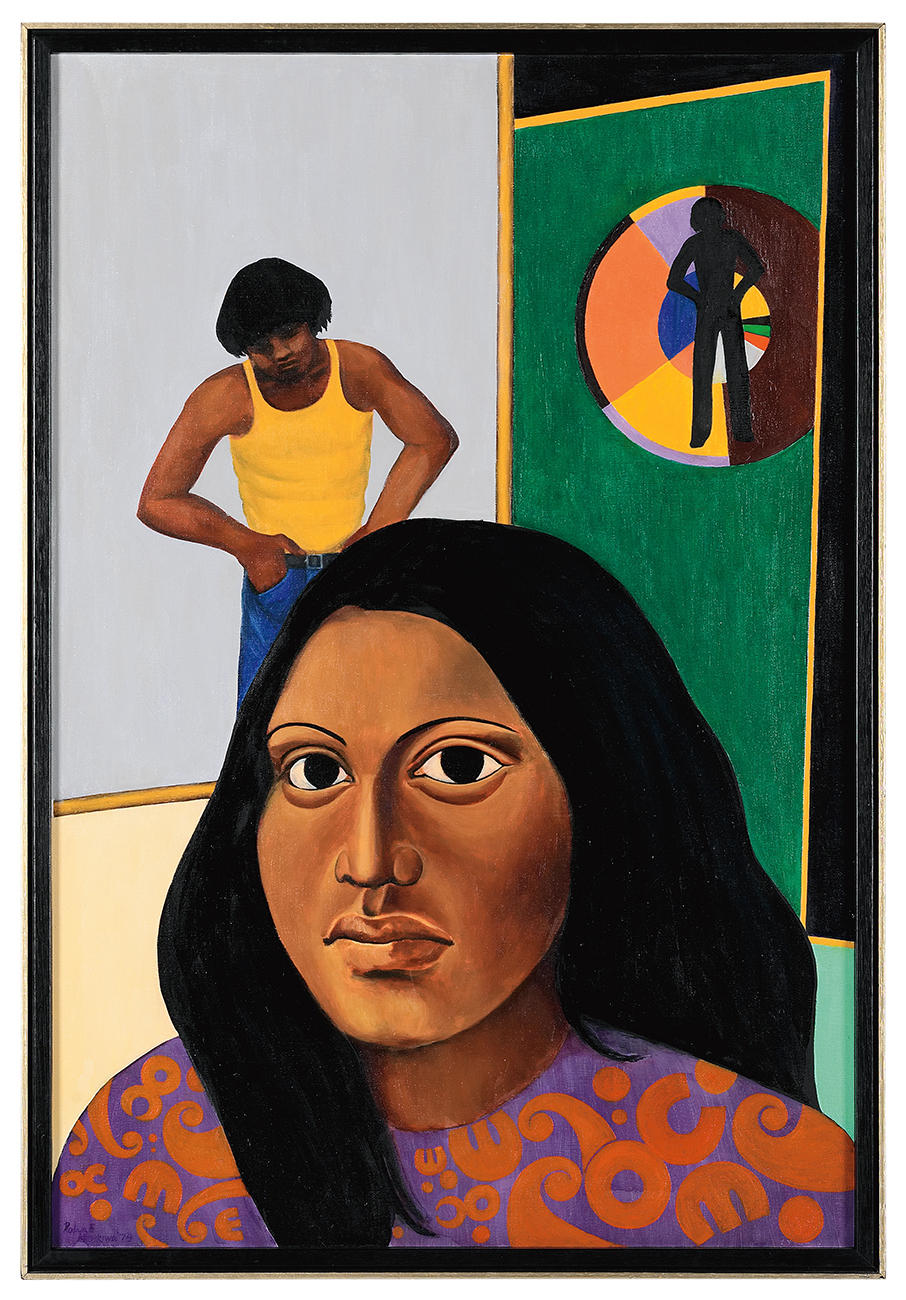 A brightly coloured painting of a woman in the foreground and a man in the background.