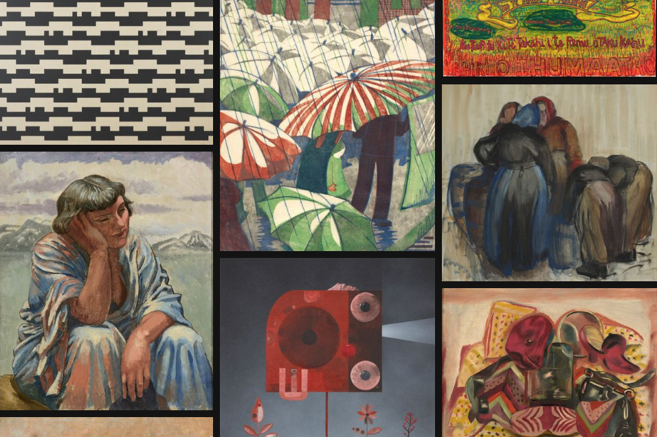 A mosaic selection of seven paintings and artworks