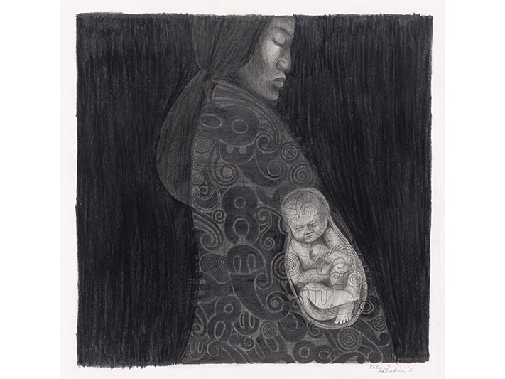 Te Pō and Papatūānuku, 1983, by Robyn Kahukiwa (Ngāti Porou, Te Aitanga-a-Hauiti, Ngāti Hau, Ngāti Konohi and Whanau-a-Ruataupare). Purchased 1983 with New Zealand Lottery Board funds. Te Papa (1983-0020-1) A drawing of the side view of a woman in a cloak, there is a baby drawn as though still in utero, but outside the cloak too.