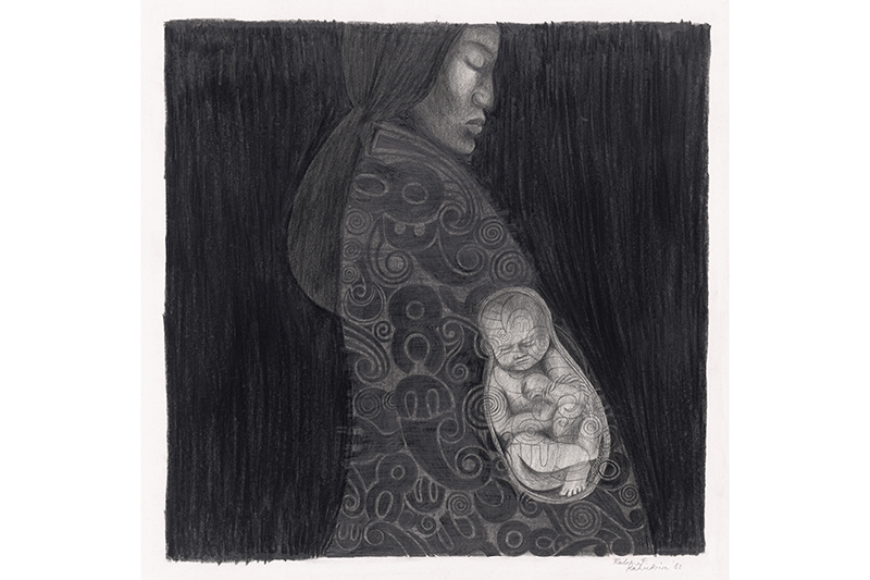 A drawing of the side view of a woman in a cloak, there is a baby drawn as though still in utero, but outside the cloak too.