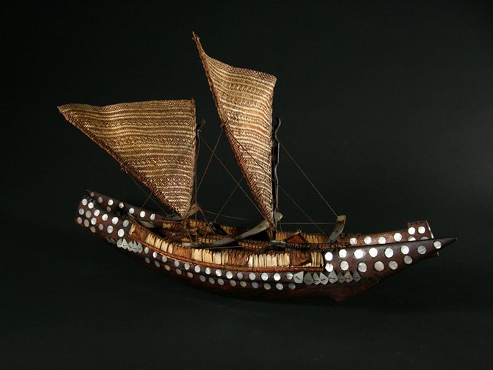 Model vaka (sailing canoe), maker unknown, Cook Islands. Te Papa (FE010360) A model of a Cook Islands sailing vessel with inlaid mother-of-pearl and woven sails.
