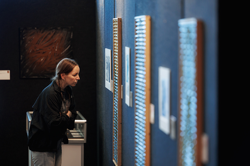 A woman is looking at some artworks on a wall.