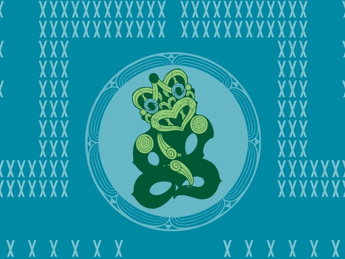 Illustration by Tuatahi Creatives Designed image with poutama Māori design with a hei tiki pendant shape in the centre.