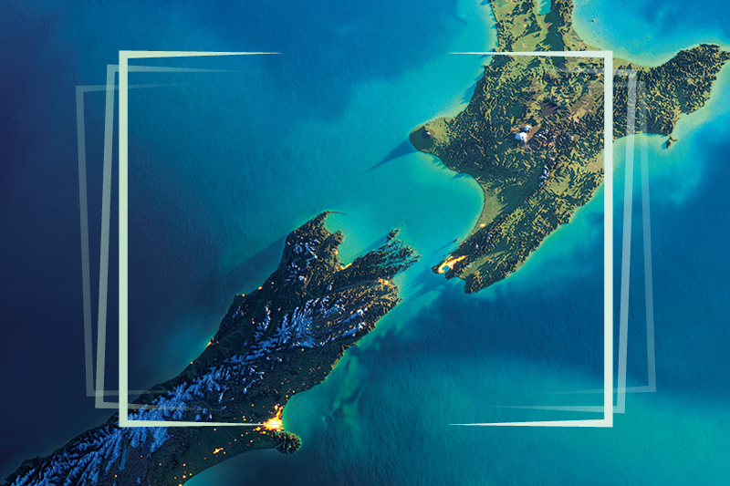 A partial satelite view of Aotearoa New Zealand with some design brackets on top of it.