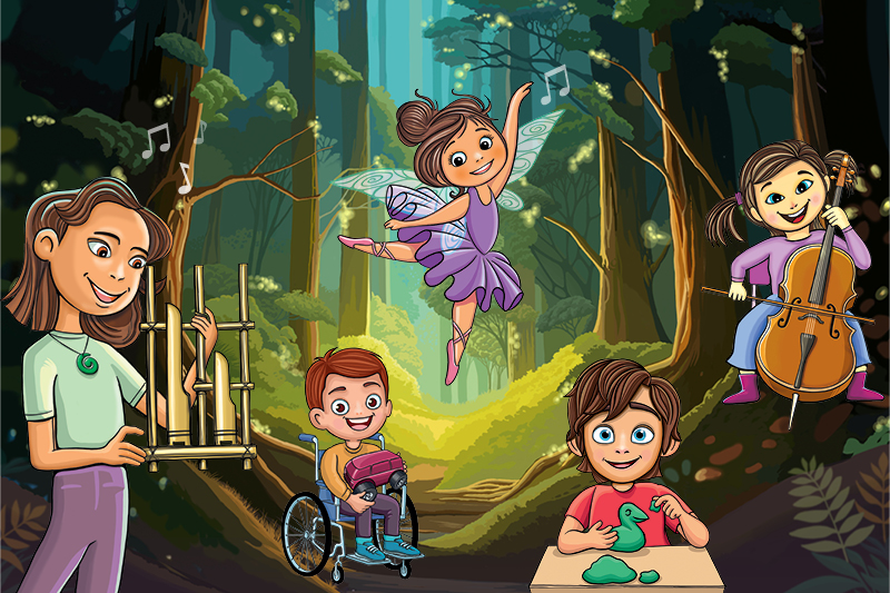 A colourful cartoonised image of four children and a donkey in a forest. One child is holding a wooden instrument, one child is in a wheelchair, one is a flying fairy, one is playing the cello, one is making something with dough. The Donkey is peering out from behind a tree and wearing a tshirt.