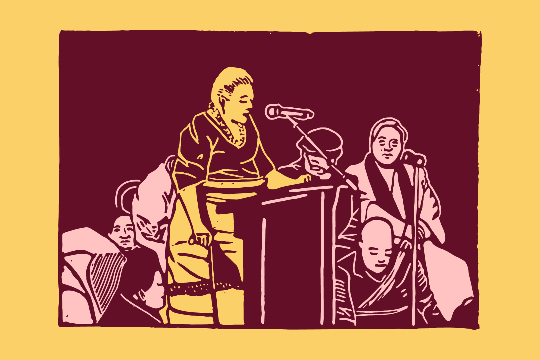 A linocut print of a woman standing at a podium talking into a microphone.