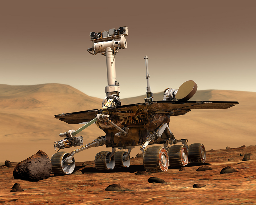 An artist's concept portrays a NASA Mars Exploration Rover on the surface of Mars