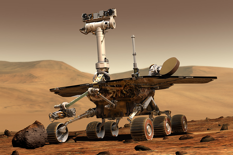 An artist's concept portrays a NASA Mars Exploration Rover on the surface of Mars