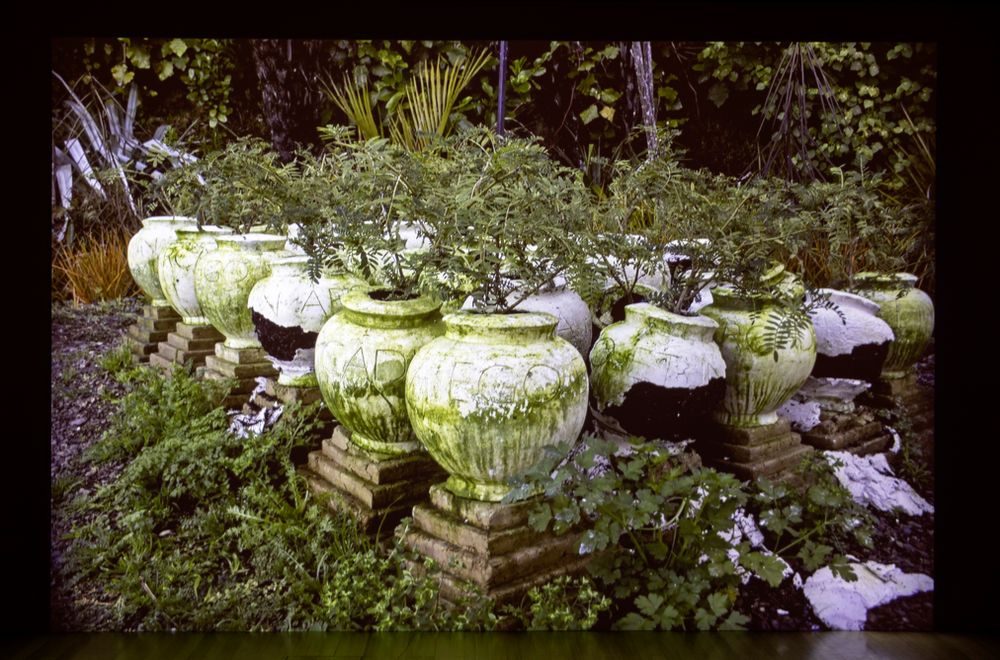 A collection of moss-covered pots arranged in a triangle on bricks in a garden.