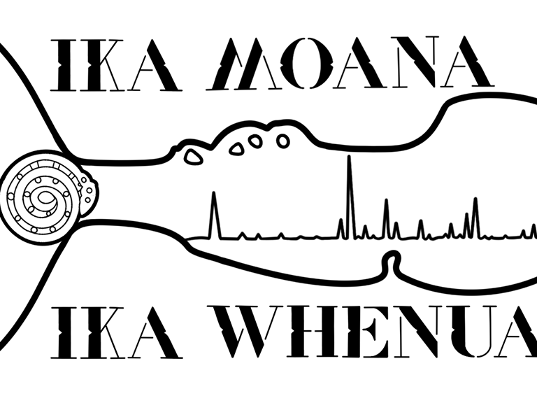 Illustration for Ika Moana Ika Whenua Illustration of a stylised Māori patu with a whale tail and the words Ika Moana Ika Whenua