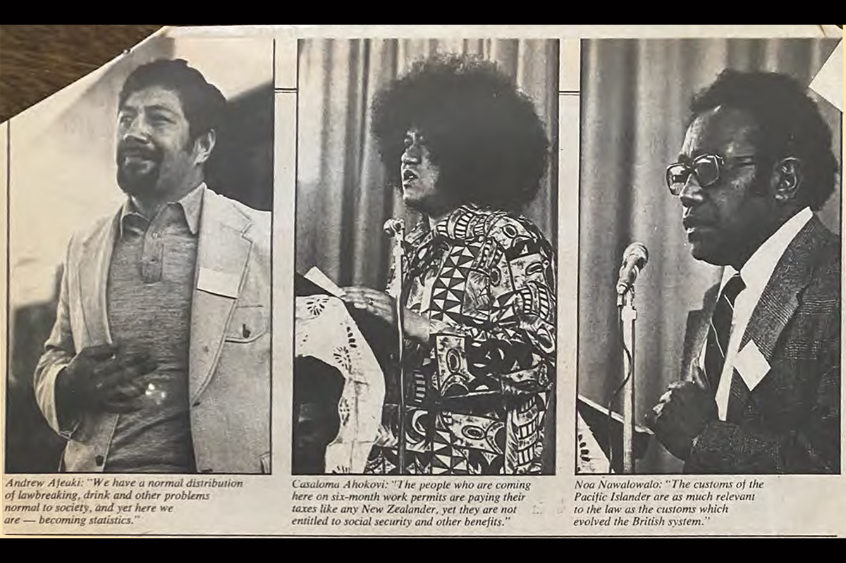 A magazine clipping of three images of three men talking at a conference.