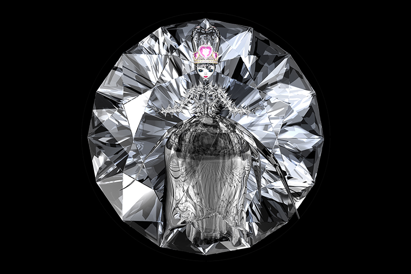 A black rectangle with a large cut diamond on the right-hand side. There is a figure of a queen in the diamond.