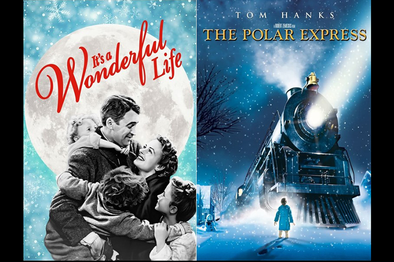 A split image of two movie posters. One has a man, woman and three children hugging and one has a small child looking up at a steam train engine at night.