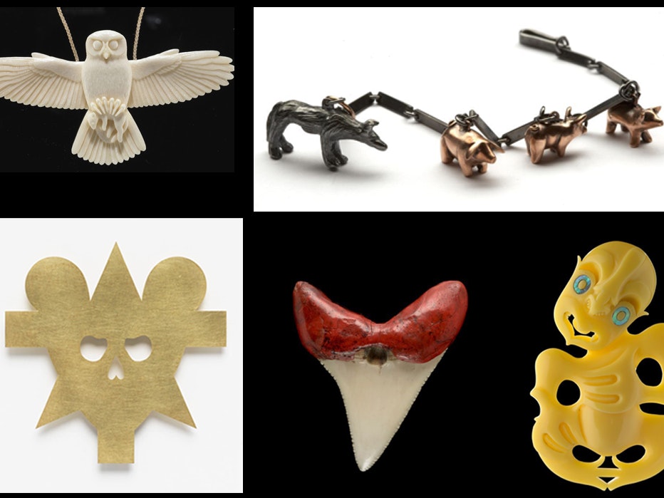 A selection of jewellery from the Te Papa collections A split image with five differtent images of contemporary and traditional jewellery.