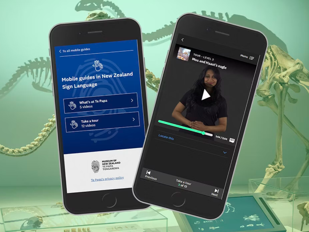 Two mobile phones displaying the Te Papa NZSL mobile guide and video superimposed over a photo of 2 moa skeletons on display at Te Papa.