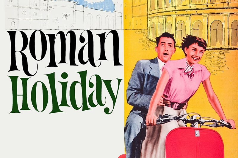 A stylised poster of a man and a woman in fifties clothing on a moped. There is a pencil illustration of the Colloseum in the background and the text Roman Holiday on the left.