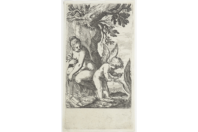 An etching of a naked woman watching a naked cupid child shaping a bow.