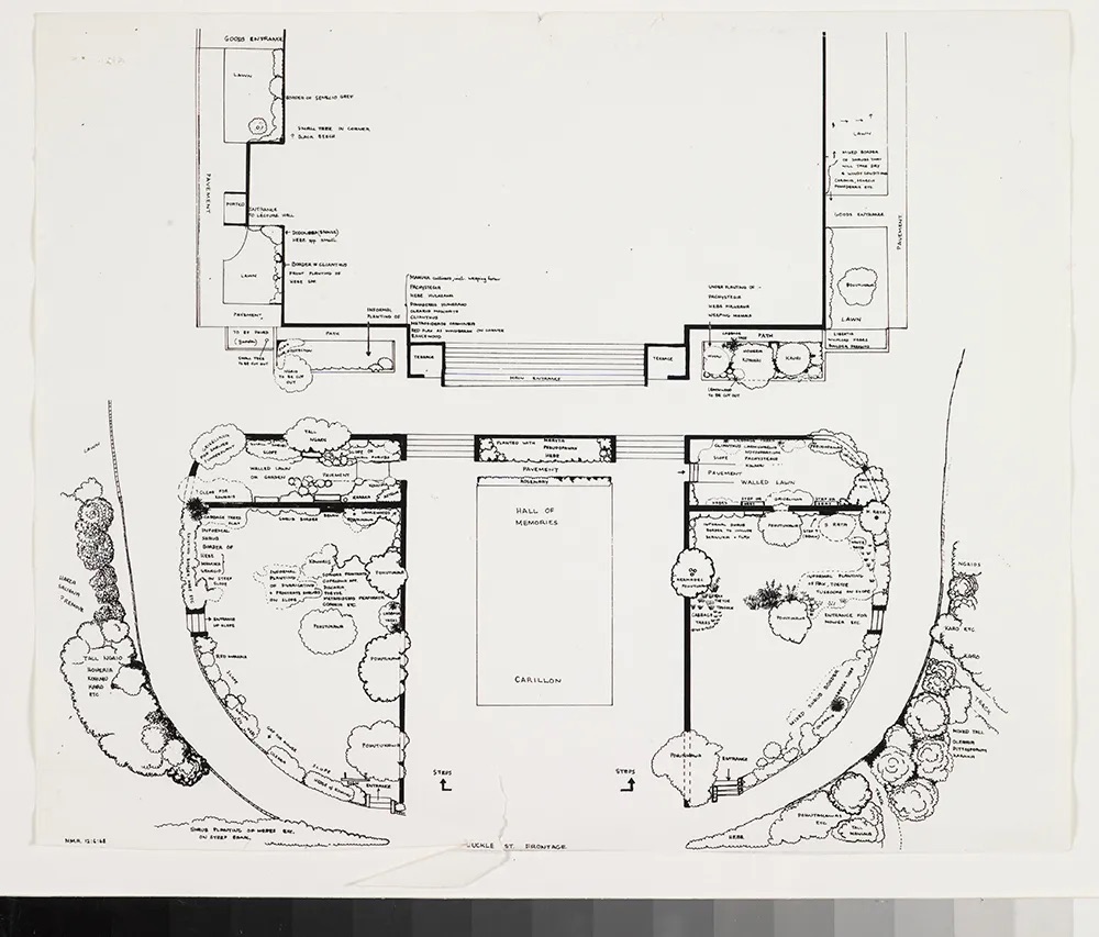 A hand-drawn architectural map of a garden space in front of a large building